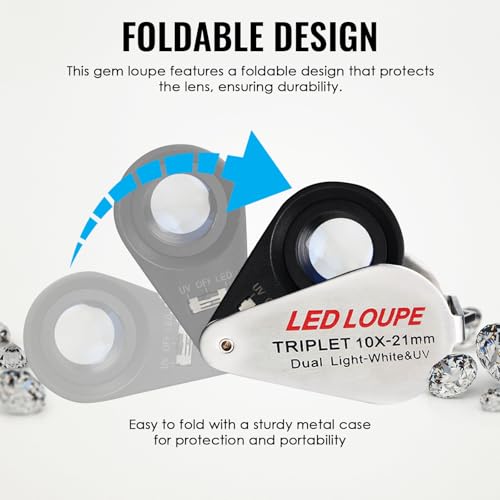 10x Foldable Pocket Magnifier Loupe with UV and LED Light for Jewelry, Rocks, Coins, and Antiques - Illuminated Magnifying Tool for Eye, Stamps, Watches, Hobbies, and Gems - color: 10x Magnification