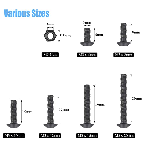 DYWISHKEY 360 Pieces M3 x 6mm/8mm/10mm/12mm/16mm/20mm, 10.9 Grade Alloy Steel Hex Button Head Cap Bolts Screws Nuts Kit with Hex Wrench