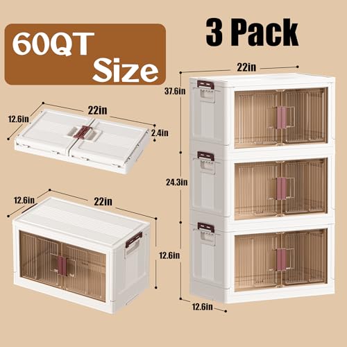 45GAL/180QT 3 tier large stackable storage bins with lid and wheels, collapsible storage bins plastic with doors，suit for clothes, closet, home and office - size: 60QT, style: 3 Pack with 1 top lid