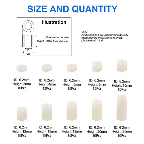 Glaks 150Pcs 10 Sizes Nylon Round Spacer Assortment Kit, OD 11mm ID 6.2mm for M6 Screws, Round Straight Tube, Nylon Standoff (3mm, 4mm, 5mm, 8mm, 10mm, 12mm, 15mm, 18mm, 20mm, 25mm)