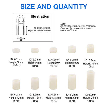 Glaks 150Pcs 10 Sizes Nylon Round Spacer Assortment Kit, OD 11mm ID 6.2mm for M6 Screws, Round Straight Tube, Nylon Standoff (3mm, 4mm, 5mm, 8mm, 10mm, 12mm, 15mm, 18mm, 20mm, 25mm)