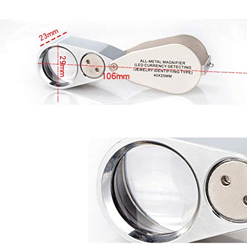 40X 25mm Illuminated Jewelry LED UV Lens Loupe Magnifier with All Metal Construction Folding Jewelers Magnifying Glass with Protective Case for Currency Detecting Jewelry Identifying