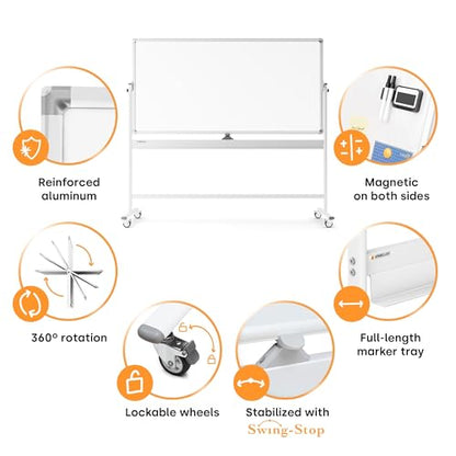 Kamelleo Rolling Whiteboard on Wheels 70" x 36", Double Sided White Board - color: Pearl White, size: 70x36