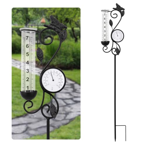 36.5in Butterfly Rain Gauge Thermometer Black Metal Garden Stake Decor - color: Black Butterfly