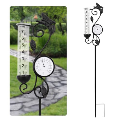 36.5in Butterfly Rain Gauge Thermometer Black Metal Garden Stake Decor - color: Black Butterfly