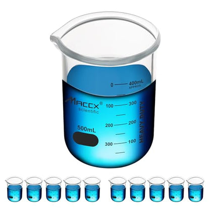 16.9oz(500ml) Sturdy Glass Beaker, Heavy-Duty Beaker Set, 3.3 Borosilicate Griffin Low Form with Printed Graduation, Pack of 10, BKL500-010 - style: Vol.500ml, Pack of 10