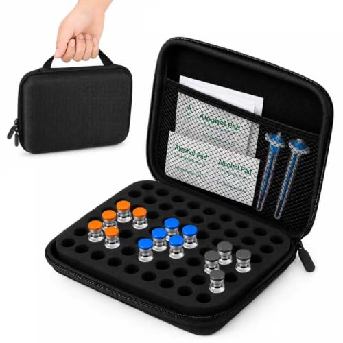 3ml Vial Case, Large Peptide Storage Organizer with 63 Slots, Insulated Travel Cooler Box for Fridge, Mesh Pocket, Zipper Closure
