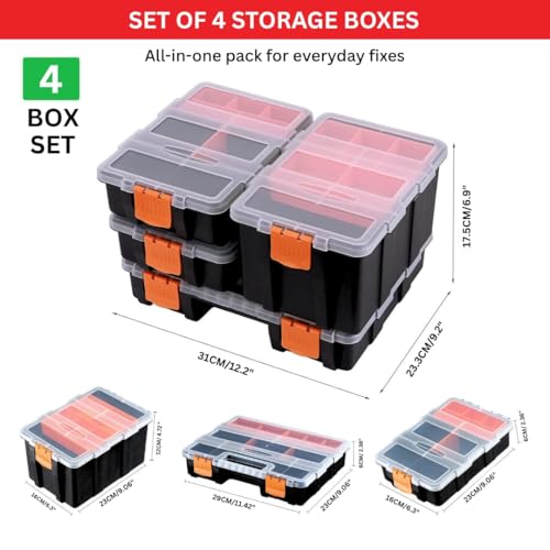 Andalus Tools Organizer Box, Small Parts Storage Multi-Compartment Portable Hardware Organizer Removable Plastic Dividers for Screws, Nuts, Bolts, Nails – Orange (4 Set, 12.2" x 9.1" x 7") - color: 4 Pcs Set (12.2 x 9.1 x 7 Inches)