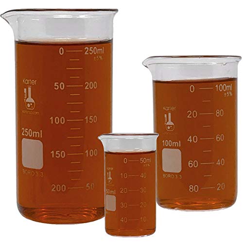Glass Beaker Set, Tall Form, 3 Sizes - 50, 100 and 250ml, 3.3 Borosilicate Glass, Double Scale, Graduated, Karter Scientific 213F18 - size: 50/100/250ML, style: SET