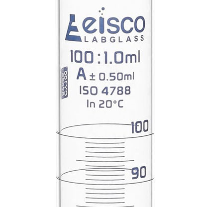 Graduated Cylinder, 100ml - Class A Tolerance ±0.50ml - Hexagonal Base - Blue Graduations - Borosilicate 3.3 Glass - Eisco Labs - size: 100mL