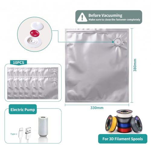 3D Filament Vacuum Bags 10P 12x13.4 Aluminum Shielding w/Type-C Auto Pump
