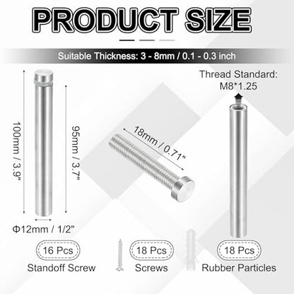 PATIKIL 1/2x3.9" Standoff Screws, 16 Pack Stainless Steel Stand Off Wall Mounts Wall Sign Mounting Hardware Advertising Standoff Nail for Hanging Acrylic Signs Picture Frame, Silver - size: 1/2x3.9"