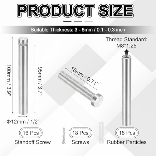 PATIKIL 1/2x3.9" Standoff Screws, 16 Pack Stainless Steel Stand Off Wall Mounts Wall Sign Mounting Hardware Advertising Standoff Nail for Hanging Acrylic Signs Picture Frame, Silver - size: 1/2x3.9"