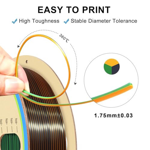 YOUSU Silk PLA 3D Printer Filament, Tri-Color Coextrusion PLA Filament 1.75mm,Shiny Silk Coextruded PLA,Silk Gold-Green-Black Three-Color Filament,1kg/2.2lbs - color: 1-gold/Green/Black