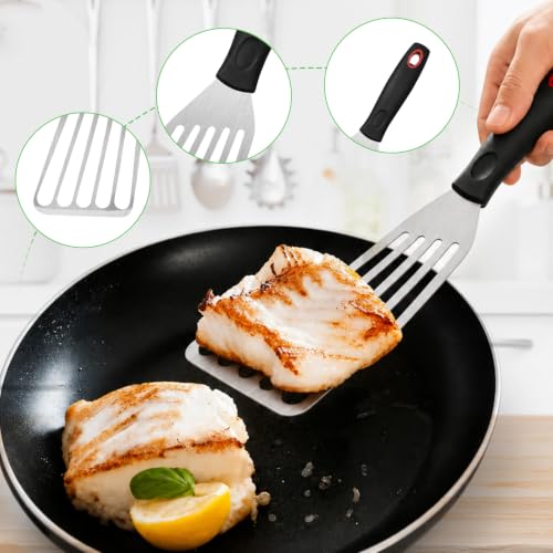 Fish Spatula Set of 3, Stainless Steel Slotted Turners with Thin Flexible Blades and Comfortable Handles for Cast Iron Skillets, Griddles, Fish, Eggs, Burgers and Pancakes