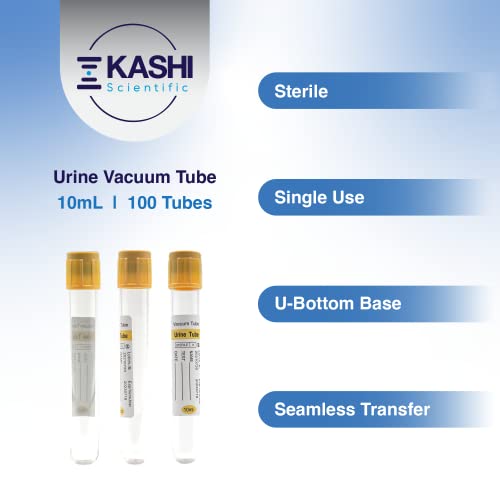 Kashi Scientific 10mL Urine Collection Vacuum Tube - Urinalysis Vacuum Tube with Yellow Cap, Pack of 100 Urine Tubes