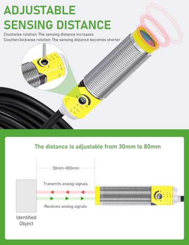 DIHOOL Photoelectric Proximity Sensor, Laser Motion Switch,IP65 Waterproof, Normally Open NPN NO, M16, 3 Wires,12V/24V Input(10-30VDC), Detection Distance Adjustable from 3cm to 80cm