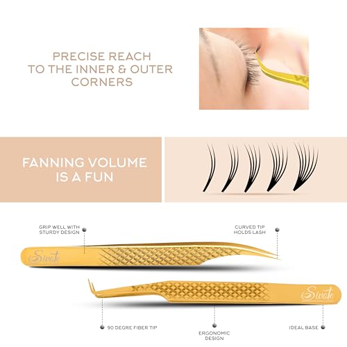 SIVOTE Eyelash Extension Tweezers Fiber Tips Japanese Steel, Set of 6 – Curved, Dolphin, 90° 45° Volume Boot & Slight Curved Tweezer – Professional Lash Tweezers for Lash Extensions Gold - color: Gold