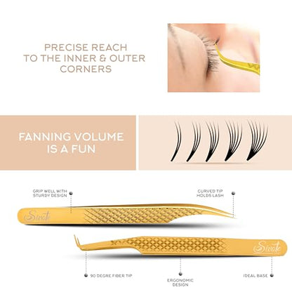 SIVOTE Eyelash Extension Tweezers Fiber Tips Japanese Steel, Set of 6 – Curved, Dolphin, 90° 45° Volume Boot & Slight Curved Tweezer – Professional Lash Tweezers for Lash Extensions Gold - color: Gold