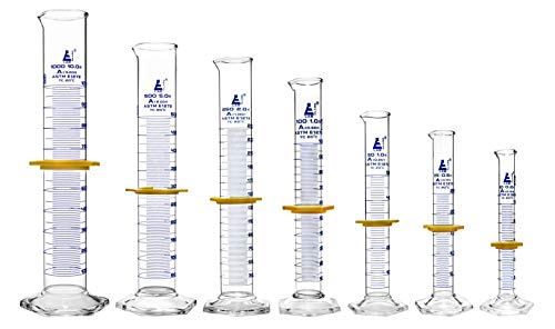 Graduated Cylinders 7 Piece Set - ASTM, Class A - 10mL, 25mL, 50mL, 100mL, 250mL, 500mL & 1000mL - Protective Collars, Hexagonal Base - Blue Graduations - Borosilicate 3.3 Glass - Eisco Labs