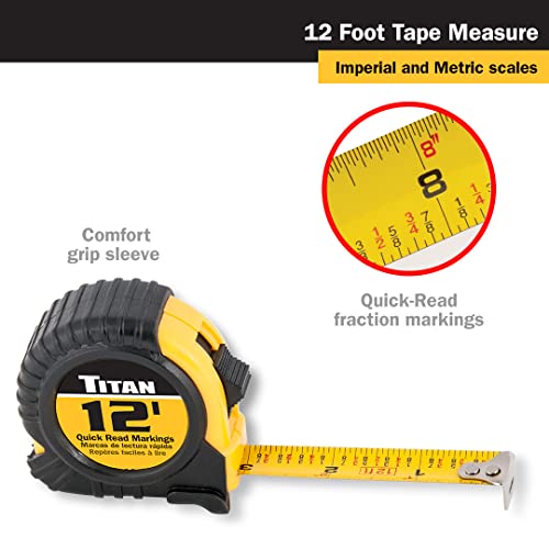 Titan 10912 Tape Measure with Easy-Read Standard Markings and Durable Case, 6-Piece Set, 12-Foot