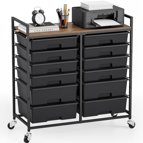 TOOLF 12 Drawers Rolling Storage Cart with Wooden Top for Classroom, Black - color: Black