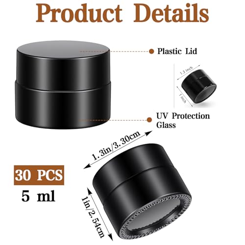 30 Pack Small Sample Containers with Lids, 5ml Amber Glass Sample Jars for Cosmetics, UV Protection Refillable Mini Jars for Skincare, Cream, Essential Oil Storage (1.3" x 1.3" x 1")