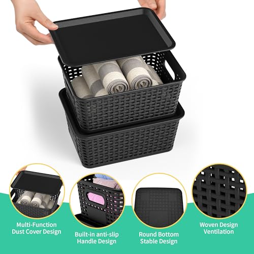 8 Pack Plastic Storage Baskets,Black Stackable Bins with Lid - color: Black