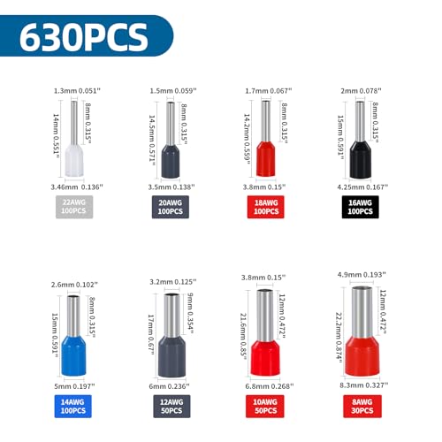 Ferrule Crimping Tool Kit,Ferrule Crimper AWG(22-8), 8 Sizes Wire Ferrule Kit AWG(22 20 18 16 14 12 10 8) Gauge Insulated Ferrule Connectors - style: 630P+Tool