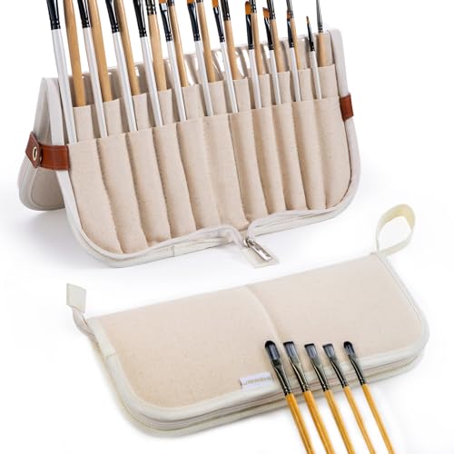 Stand Up Paint Brush Holder Case, 22-Slot Paintbrush Storage Bag Pop-Up - color: Natural, size: Large 6*13.5"