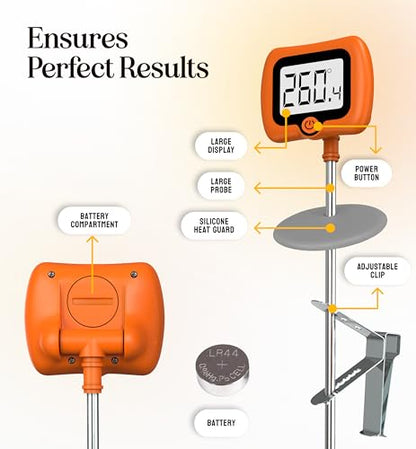 Digital Candy Thermometer with Pot Clip, 10" Long Stainless Steel Probe, Instant Read Kitchen Thermometer for Cooking, Baking, and Candy Making - color: Orange