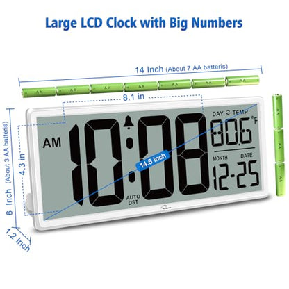 WallarGe 14.5'' Large Digital Wall Clock Battery Operated - color: White