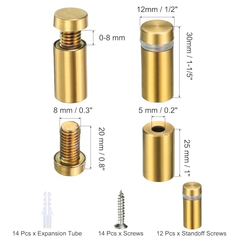 uxcell 12 Pcs 1/2" x 1-1/5" Standoff Screws Stainless Steel Wall Mount Sign Mounting Hardware Kit with 14pcs Screws for Hanging Acrylic Glass Signs Advertising Boards, Brushed Gold - color: Brushed Gold, size: 1/2" x 1-1/5"