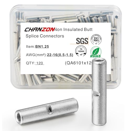Chanzon 120pcs 22-16AWG Non Insulated Butt Connectors BN1.25 - size: 22-16 Gauge