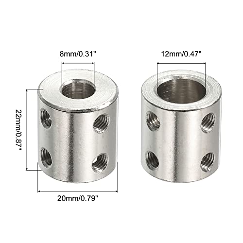 PATIKIL Shaft Coupler Connector L22 x D20 8mm to 12mm Bore Rigid Coupling Stainless Steel Shaft Joint w Screw,Wrench for 3D Printers Silver 2Pack - size: 8mm to 12mm