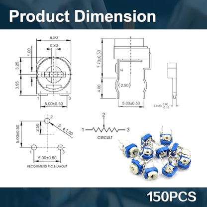 150PCS Potentiometer Assortment Kit, 15 Values 100Ω-2MΩ, 6mm Shaft