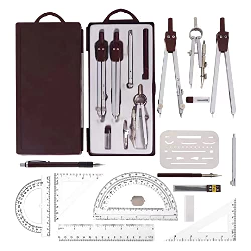 NEWSOURCE Metal Geometry Drawing Compass Drafting Kit, Engineering & Architecture School Tool Set with Set Square, Protractor, Erasing Shield and More, Net Weight 8.5Oz