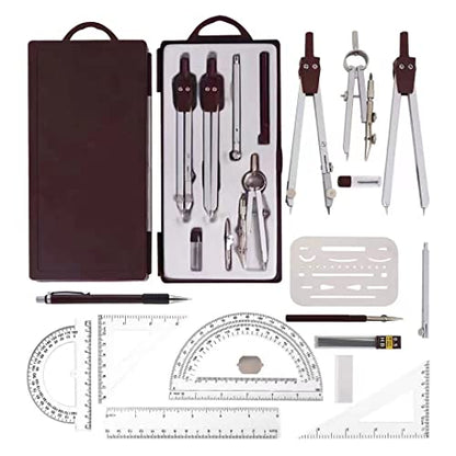 NEWSOURCE Metal Geometry Drawing Compass Drafting Kit, Engineering & Architecture School Tool Set with Set Square, Protractor, Erasing Shield and More, Net Weight 8.5Oz