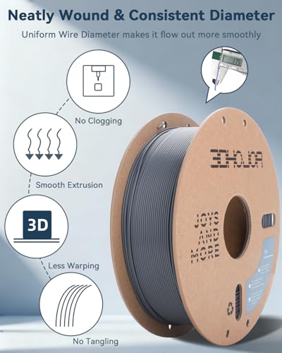 3DHoJor PLA Filament 1.75mm Grey,3D Printing Filament,1kg Cardboard Spool (2.2lbs), Fit Most FDM 3D Printer,Dimensional Accuracy +/- 0.03 mm,Odor Free, Clog Free, No Brittle Filaments - color: Grey