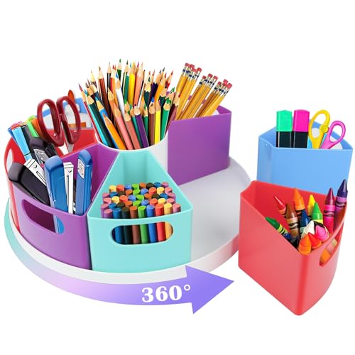 Rotating Art Supply Organizer Storage Caddy for Kids - 9 Bin Craft Crayon Marker Organizer for School Desk, Lazy Susan Pencil Holder for Classroom Organization, School Supplies