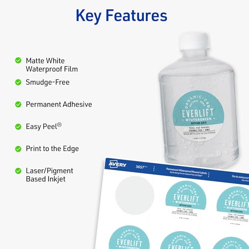 Avery Durable Waterproof Labels, Sure Feed Technology, 2" Diameter, Matte White, Laser/Pigment-Inkjet Printable, 96 Blank Labels, Great for Food Containers, Product Merchandising, and More (5657) - style: 96 labels