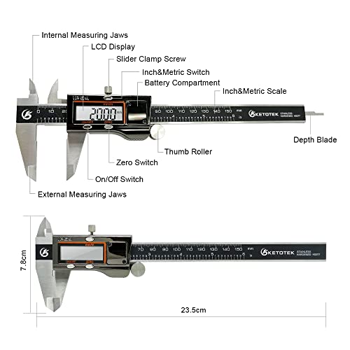 KETOTEK Digital Caliper Measuring Tool, IP54 Waterproof Stainless Steel Electronic Vernier Caliper 6 Inch/150mm Digital Micrometer with Large LCD Screen - color: Black, size: 6 Inch