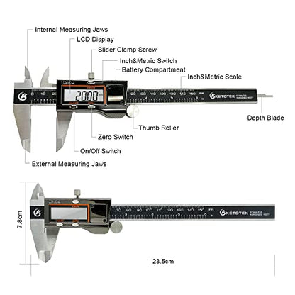 KETOTEK Digital Caliper Measuring Tool, IP54 Waterproof Stainless Steel Electronic Vernier Caliper 6 Inch/150mm Digital Micrometer with Large LCD Screen - color: Black, size: 6 Inch