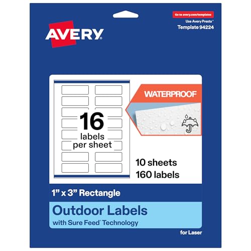 Avery® Outdoor Waterproof Rectangle Labels, Sure Feed® Technology, 1" x 3", White Film, Print-to-the-Edge, Compatible with Laser Printers, 160 Labels Total - style: 160 labels