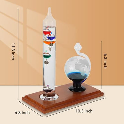 Lily's Home Galileo Thermometer with Etched Glass Globe Barometer 64ºF–80ºF, A Timeless Design with Wood Base, Gift for Friends and Family, Holiday Gift, Indoor & Outdoor Home Décor (9 in x 12 in) - style: Glass Globe Barometer
