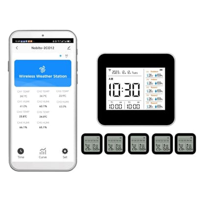 2CO12-5，Weather Stations Wireless Indoor Outdoor Thermometer & Smart WiFi with Phone App, 5 sensors Temperature and Humidity Monitor & Store Data for 1 Year, Temperature Alarm.