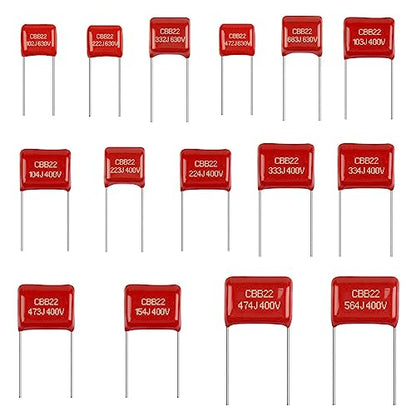 150PCS Metallized Polypropylene Polyester Film Capacitors Kit 0.001uF 0.0022uF 0.0033uF 0.0047uF 0.068uF 630V and 0.01uF 0.1uF 0.022uF 0.22uF 0.033uF 0.33uF 0.047uF 0.47uF 0.15uF 0.56uF 400V