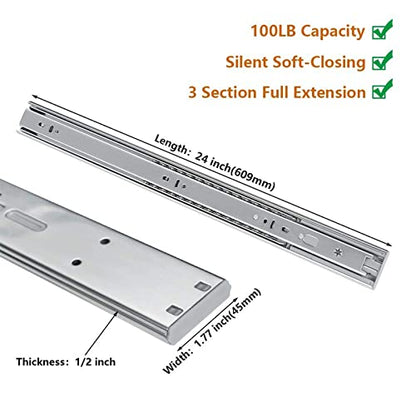 LONTAN 6 Pairs 24 Inch Soft Close Drawer Slides Heavy Duty 100lb Capacity - size: 24 Inch