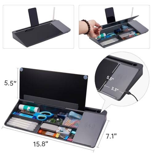 Small Glass Desktop Whiteboard Dry-Erase-Board - Computer Keyboard Stand with Wireless Charger White Board Surface Pad with Drawer, Desk Organizers with Accessories for Office, Home, School Supplies - color: Wireless Charging - Black ＆ Grey