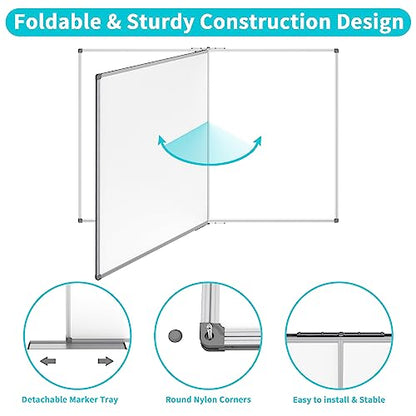 JILoffice Large Foldable White Board 60x40 Inches, Dry Erase Magnetic White Board, Silver Aluminum Frame with 2 Detachable Marker Tray Wall Mounted Board for Office Home and School - size: 60"W x 40"H